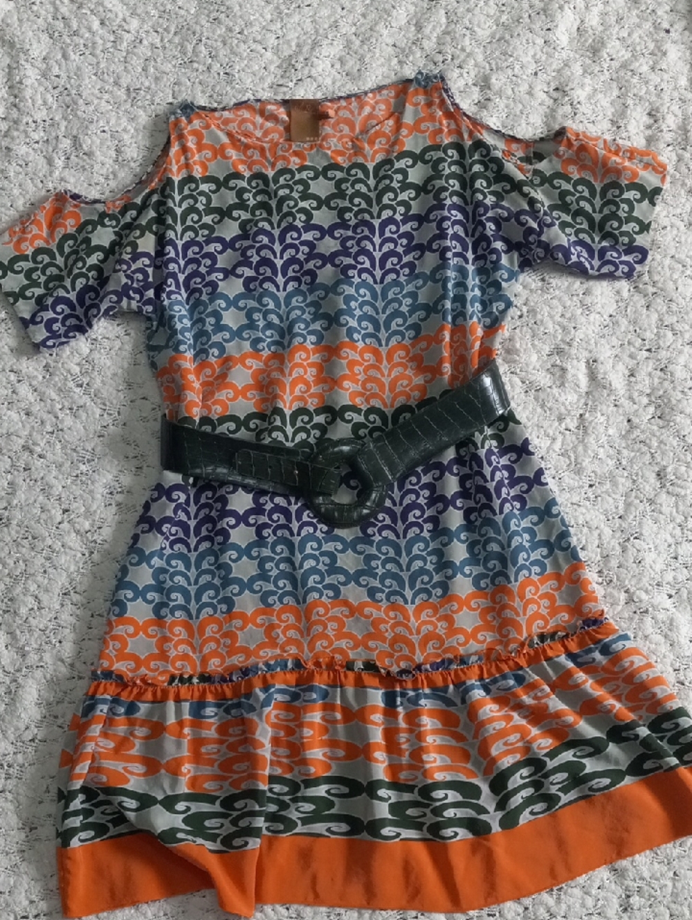 Ali Ro Patterned Cold-Shoulder Dress in Orange, Blue & Green Belt Include Size 6